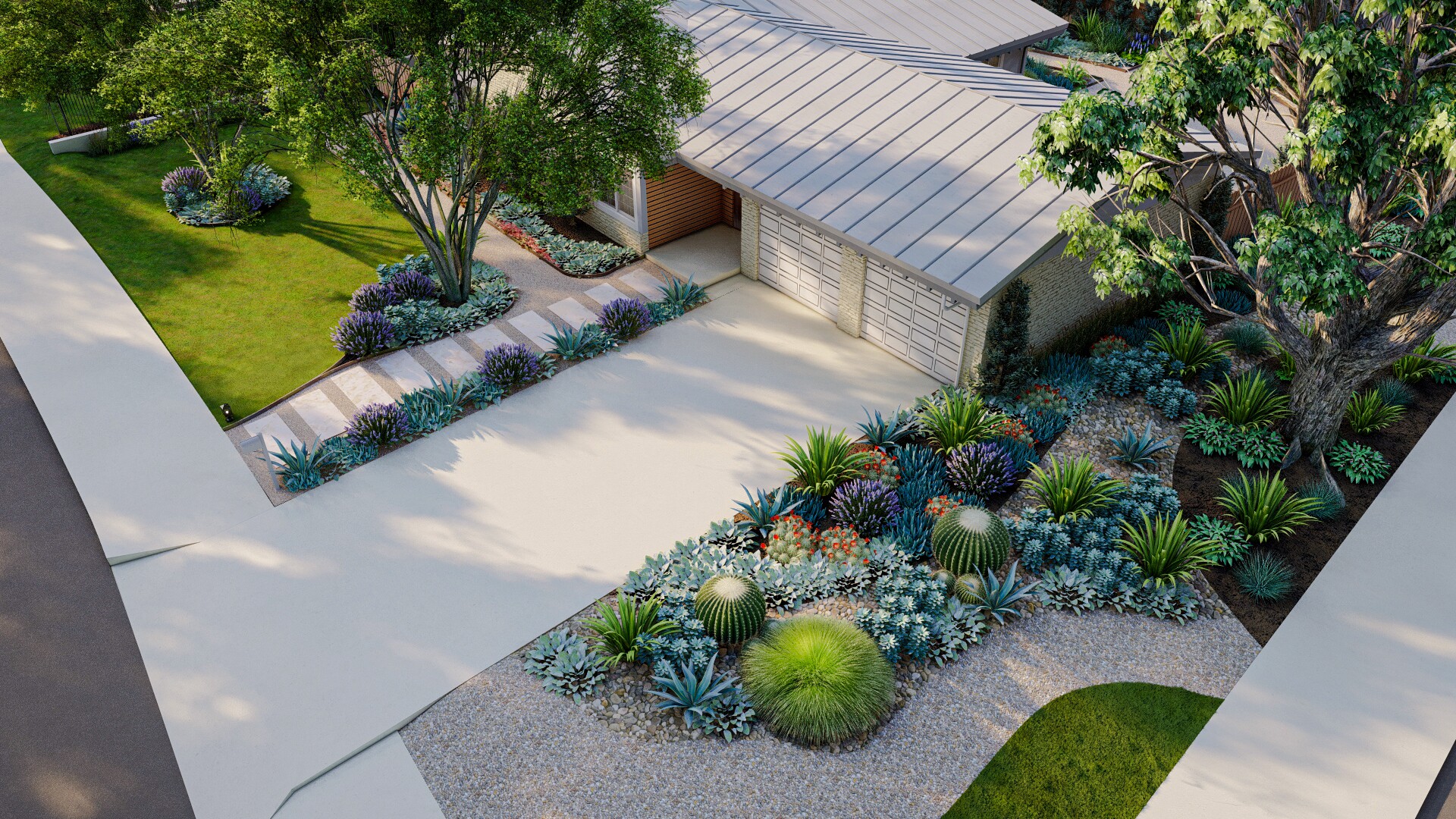 Contemporary desert-inspired landscaping with succulents, cacti, and gravel leading to a modern home's garage entrance